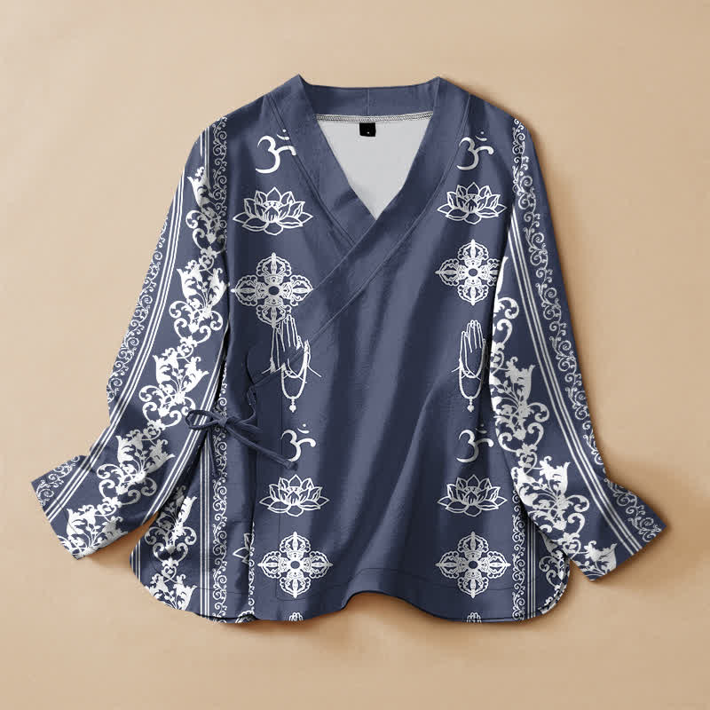Buddha Stones Cotton Lotus Om Print Hanfu Style Wrap V-Neck Lace-up Women's Long Sleeve Shirts Kimono - SteelBlue - US16，UK/AU20，EU48 (3XL) - image 7