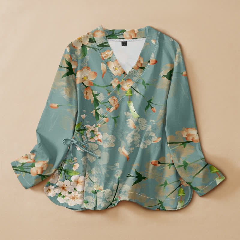 Buddha Stones Cotton Cherry Blossom Bird Print Hanfu Style Wrap V-Neck Lace-up Women's Long Sleeve Shirts Kimono - MediumTurquoise - US16，UK/AU20，EU48 (3XL) - image 0
