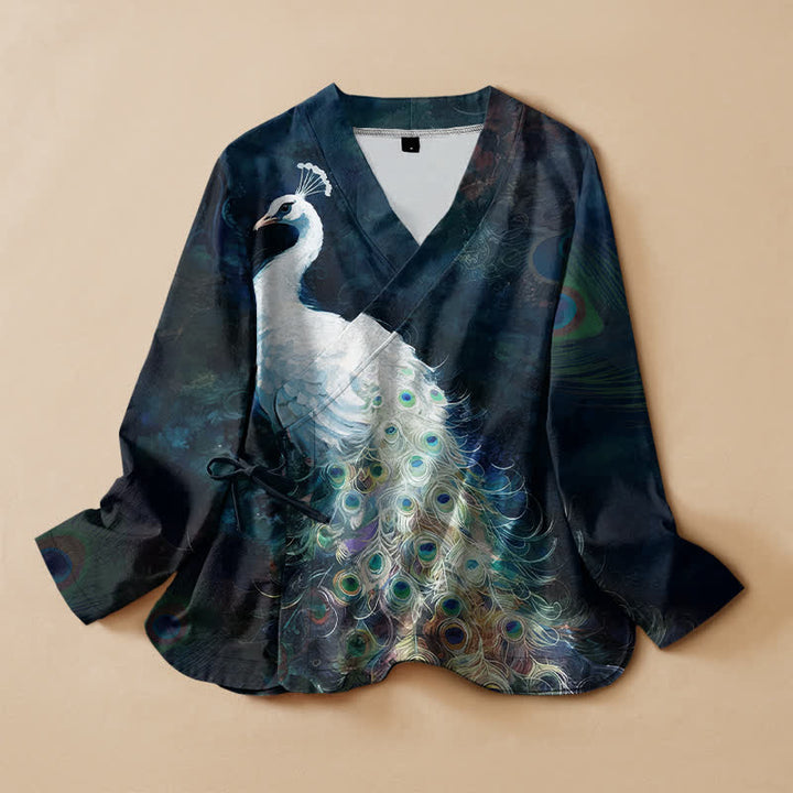 Buddha Stones Cotton Peacock Feather Pattern Wrap V-Neck Lace-up Women's Long Sleeve Shirts Kimono - MidnightBlue - US16，UK/AU20，EU48 (3XL) - image 0