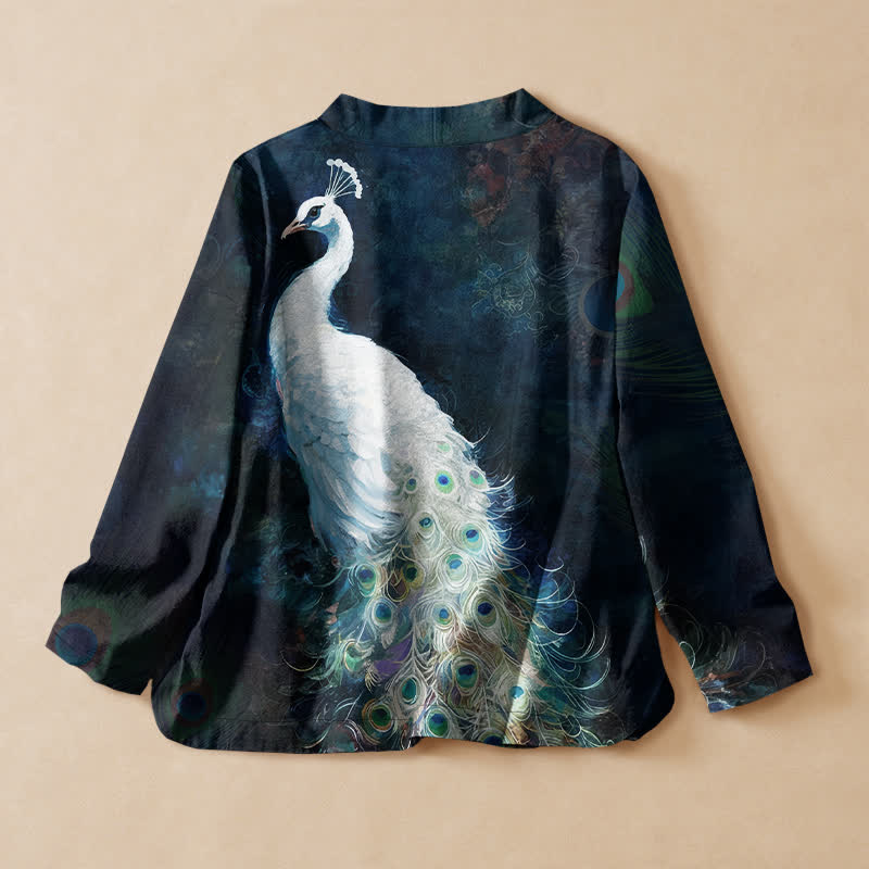 Buddha Stones Cotton Peacock Feather Pattern Wrap V-Neck Lace-up Women's Long Sleeve Shirts Kimono - image 1