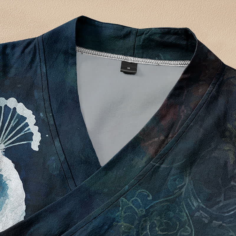 Buddha Stones Cotton Peacock Feather Pattern Wrap V-Neck Lace-up Women's Long Sleeve Shirts Kimono - image 2