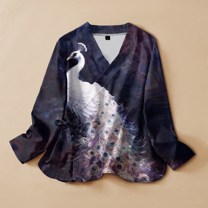 Buddha Stones Cotton Peacock Feather Pattern Wrap V-Neck Lace-up Women's Long Sleeve Shirts Kimono - Indigo - US16，UK/AU20，EU48 (3XL) - image 5