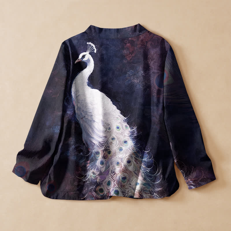 Buddha Stones Cotton Peacock Feather Pattern Wrap V-Neck Lace-up Women's Long Sleeve Shirts Kimono - image 6