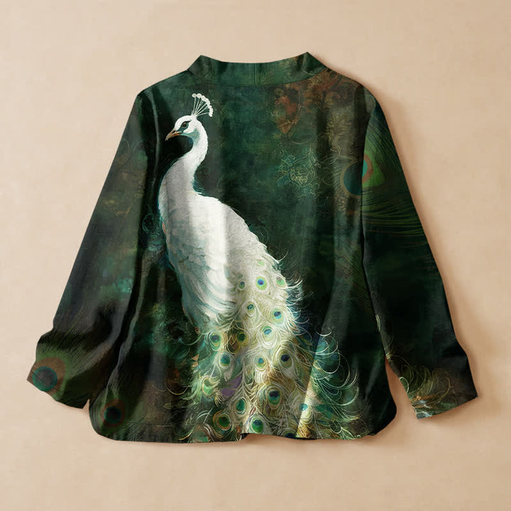 Buddha Stones Cotton Peacock Feather Pattern Wrap V-Neck Lace-up Women's Long Sleeve Shirts Kimono - image 8