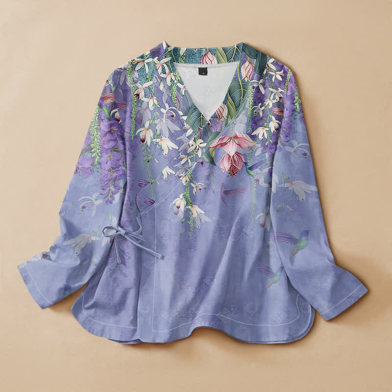 Buddha Stones Cotton Lavender Floral Hummingbird Print Hanfu Style Wrap V-Neck Lace-up Women's Long Sleeve Shirts Kimono - MediumSlateBlue - US16，UK/AU20，EU48 (3XL) - image 0