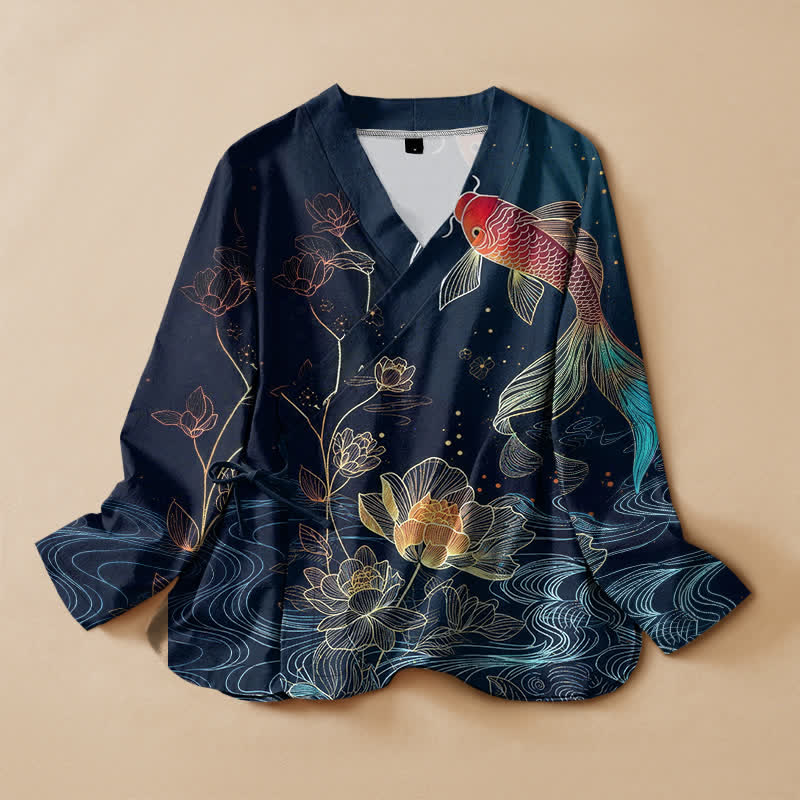 Buddha Stones Cotton Lotus Pond Koi Print Wrap V-Neck Lace-up Women's Long Sleeve Shirts Kimono - Navy - US16，UK/AU20，EU48 (3XL) - image 0