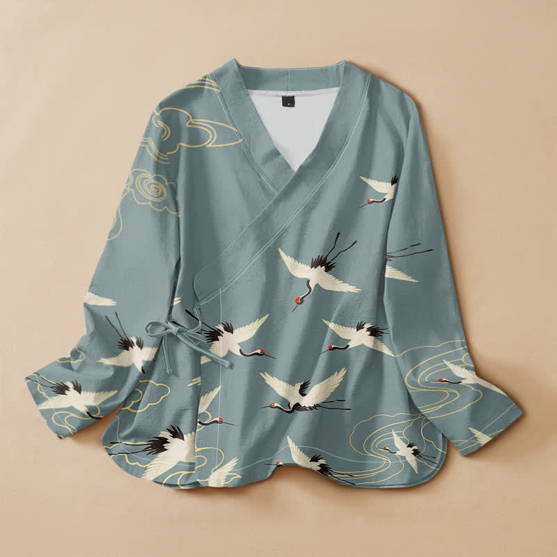 Buddha Stones Cotton Red Crown Crane Print Hanfu Style Wrap V-Neck Lace-up Women's Long Sleeve Shirts Kimono - PowderBlue - US16，UK/AU20，EU48 (3XL) - image 0