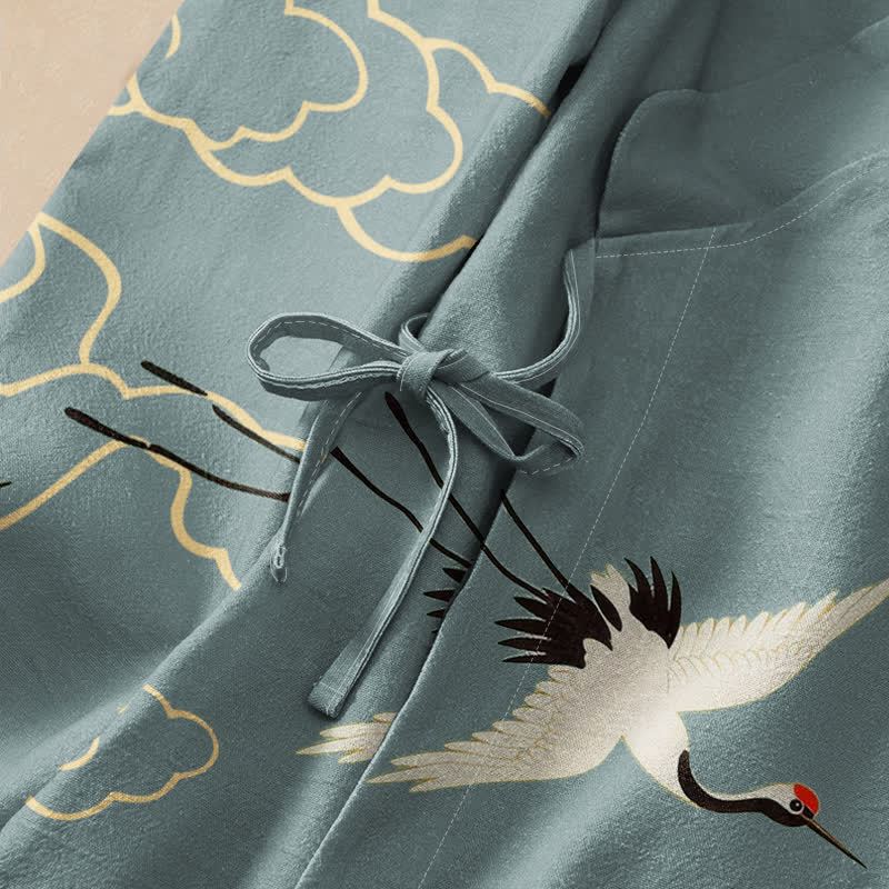 Buddha Stones Cotton Red Crown Crane Print Hanfu Style Wrap V-Neck Lace-up Women's Long Sleeve Shirts Kimono - image 3