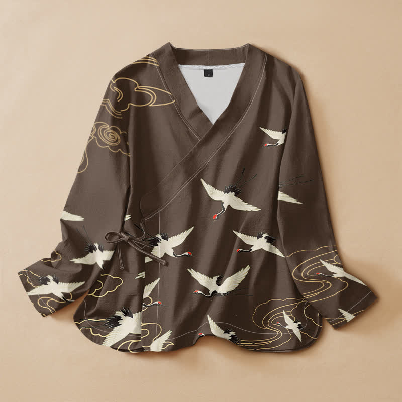 Buddha Stones Cotton Red Crown Crane Print Hanfu Style Wrap V-Neck Lace-up Women's Long Sleeve Shirts Kimono - SaddleBrown - US16，UK/AU20，EU48 (3XL) - image 5