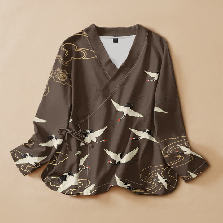 Buddha Stones Cotton Red Crown Crane Print Hanfu Style Wrap V-Neck Lace-up Women's Long Sleeve Shirts Kimono - SaddleBrown - US16，UK/AU20，EU48 (3XL) - image 5