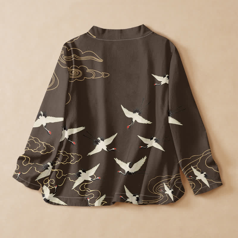 Buddha Stones Cotton Red Crown Crane Print Hanfu Style Wrap V-Neck Lace-up Women's Long Sleeve Shirts Kimono - image 6