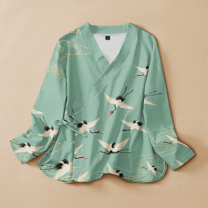 Buddha Stones Cotton Red Crown Crane Print Hanfu Style Wrap V-Neck Lace-up Women's Long Sleeve Shirts Kimono - Turquoise - US16，UK/AU20，EU48 (3XL) - image 7