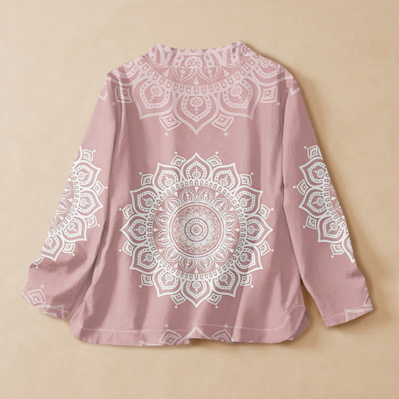 Buddha Stones Cotton White Mandala Print Hanfu Style Wrap V-Neck Lace-up Women's Long Sleeve Shirts Kimono - image 1