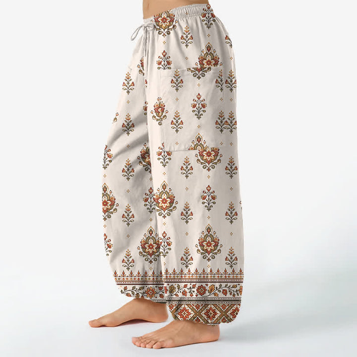 Buddha Stones Cotton Bohemian Ethnic Floral Pattern Women's Elastic Waist Harem Pants With Side Pockets - image 1