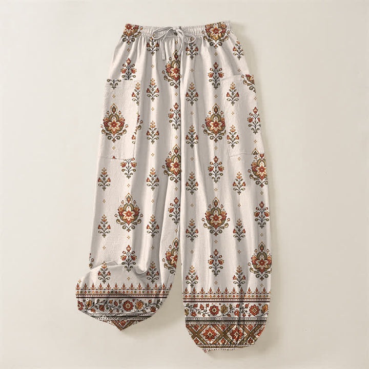 Buddha Stones Cotton Bohemian Ethnic Floral Pattern Women's Elastic Waist Harem Pants With Side Pockets - image 3