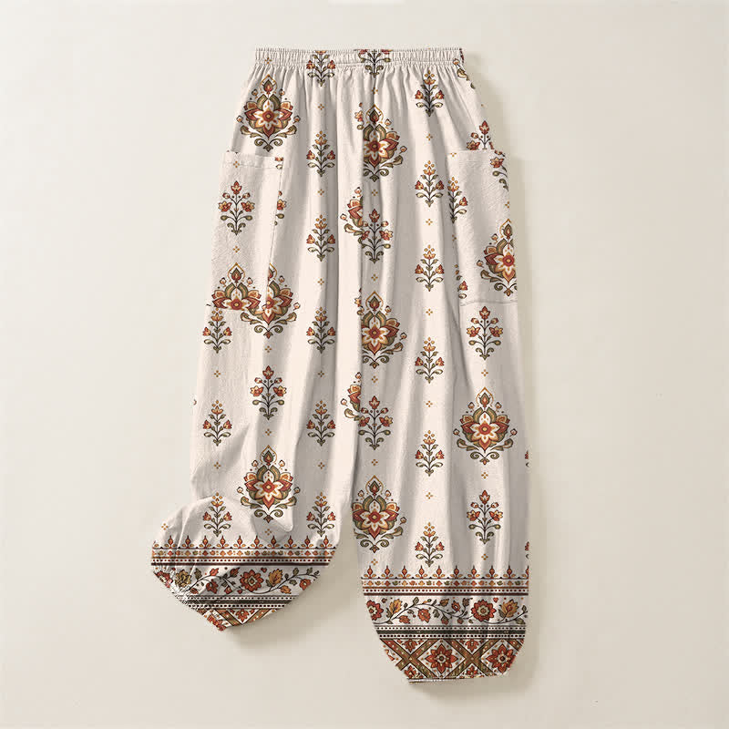 Buddha Stones Cotton Bohemian Ethnic Floral Pattern Women's Elastic Waist Harem Pants With Side Pockets - image 4