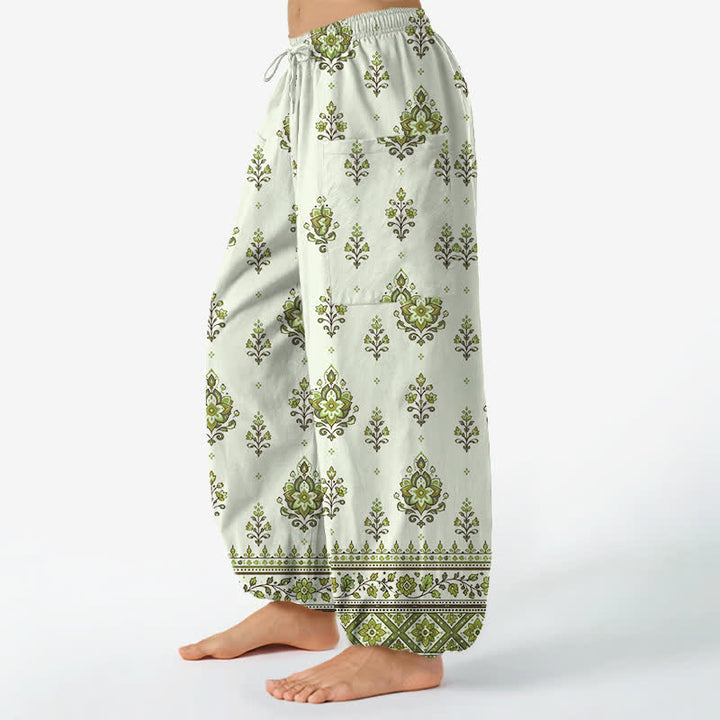 Buddha Stones Cotton Bohemian Ethnic Floral Pattern Women's Elastic Waist Harem Pants With Side Pockets - image 8