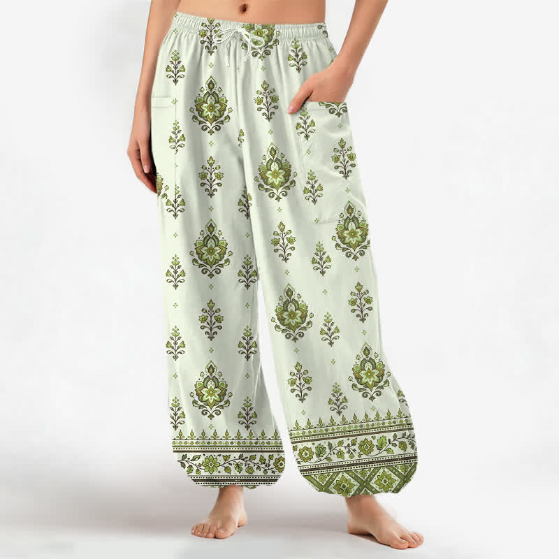 Buddha Stones Cotton Bohemian Ethnic Floral Pattern Women's Elastic Waist Harem Pants With Side Pockets - PaleGreen - US16，UK/AU20，EU48 (3XL) - image 7