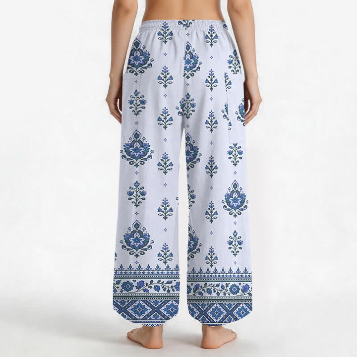 Buddha Stones Cotton Bohemian Ethnic Floral Pattern Women's Elastic Waist Harem Pants With Side Pockets - image 12