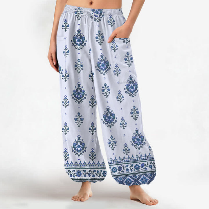 Buddha Stones Cotton Bohemian Ethnic Floral Pattern Women's Elastic Waist Harem Pants With Side Pockets - LightCyan - US16，UK/AU20，EU48 (3XL) - image 10