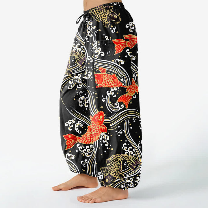 Buddha Stones Cotton Koi Wave Pattern Women's Elastic Waist Harem Pants With Side Pockets - image 8