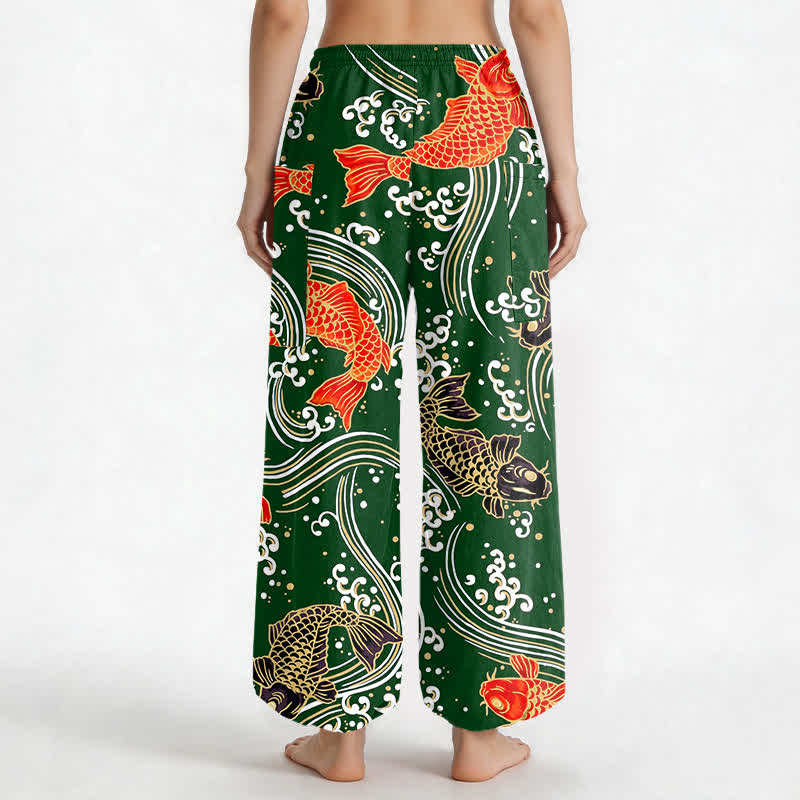 Buddha Stones Cotton Koi Wave Pattern Women's Elastic Waist Harem Pants With Side Pockets - image 12