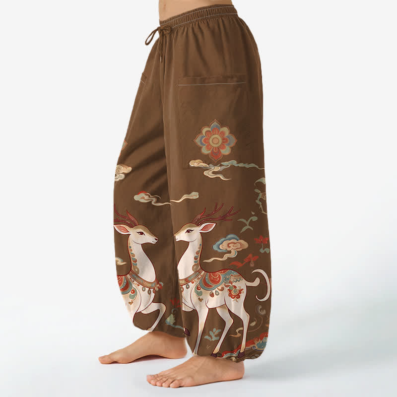 Buddha Stones Cotton Boho Deer Cloud Pattern Women's Elastic Waist Harem Pants With Side Pockets - image 1