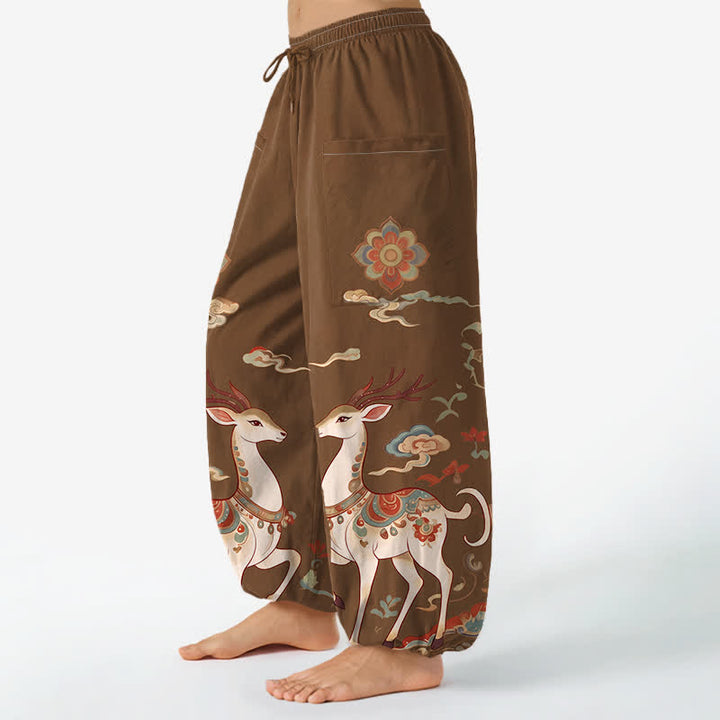 Buddha Stones Cotton Boho Deer Cloud Pattern Women's Elastic Waist Harem Pants With Side Pockets - image 1