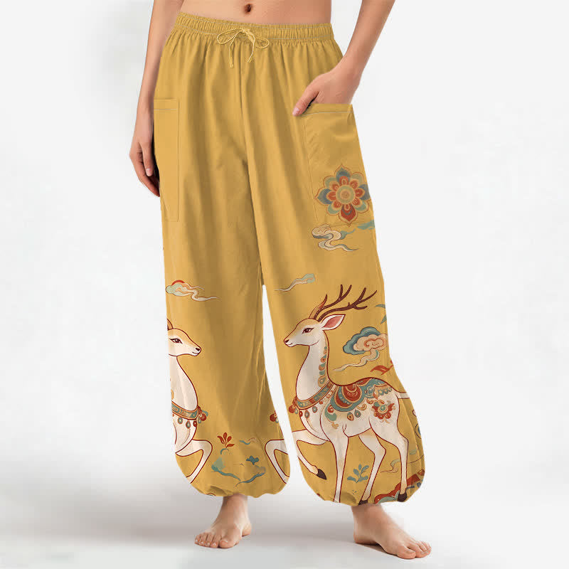 Buddha Stones Cotton Boho Deer Cloud Pattern Women's Elastic Waist Harem Pants With Side Pockets - Gold - US16，UK/AU20，EU48 (3XL) - image 7
