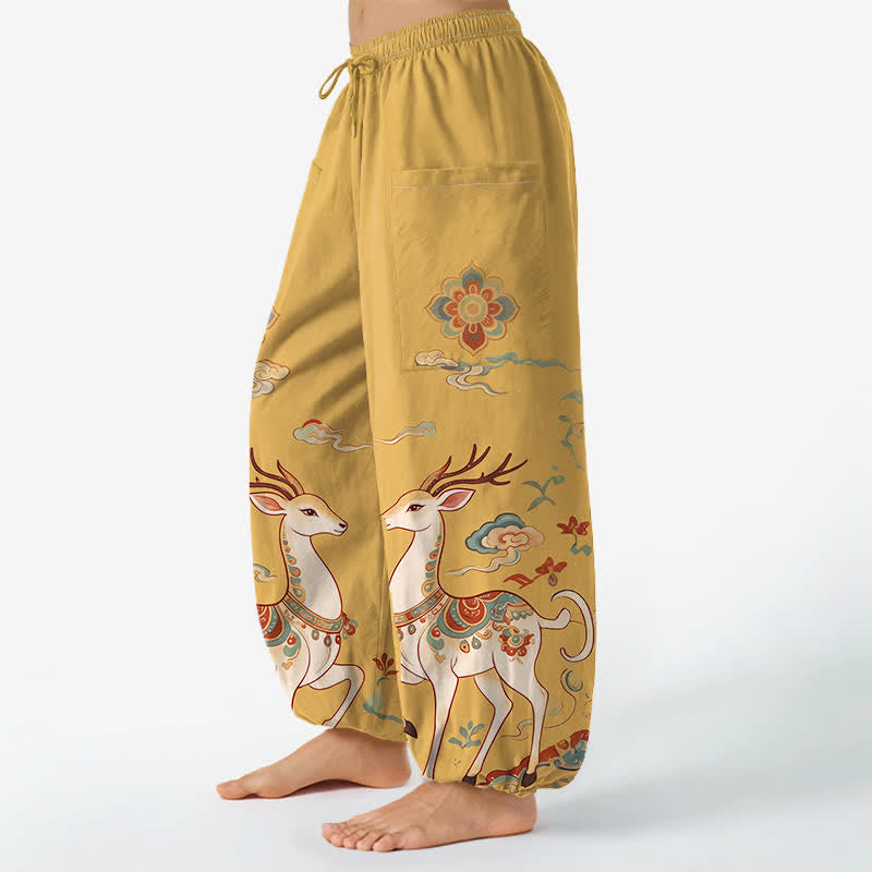 Buddha Stones Cotton Boho Deer Cloud Pattern Women's Elastic Waist Harem Pants With Side Pockets - image 8