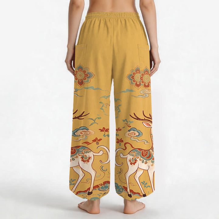 Buddha Stones Cotton Boho Deer Cloud Pattern Women's Elastic Waist Harem Pants With Side Pockets - image 9