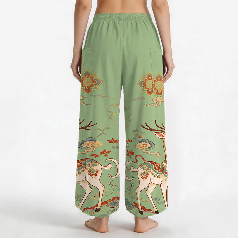 Buddha Stones Cotton Boho Deer Cloud Pattern Women's Elastic Waist Harem Pants With Side Pockets - image 12