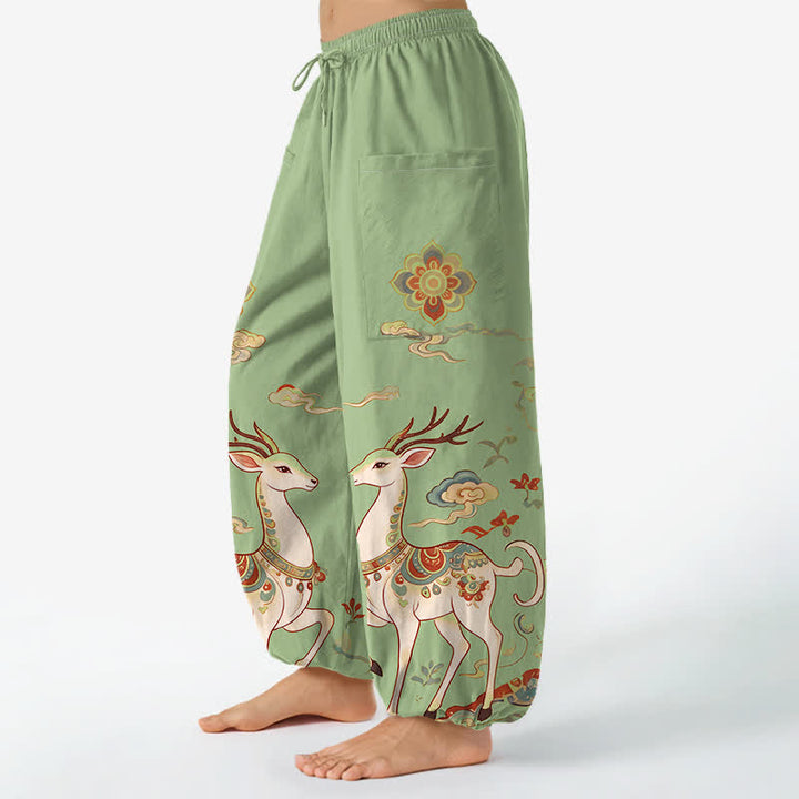Buddha Stones Cotton Boho Deer Cloud Pattern Women's Elastic Waist Harem Pants With Side Pockets - image 11