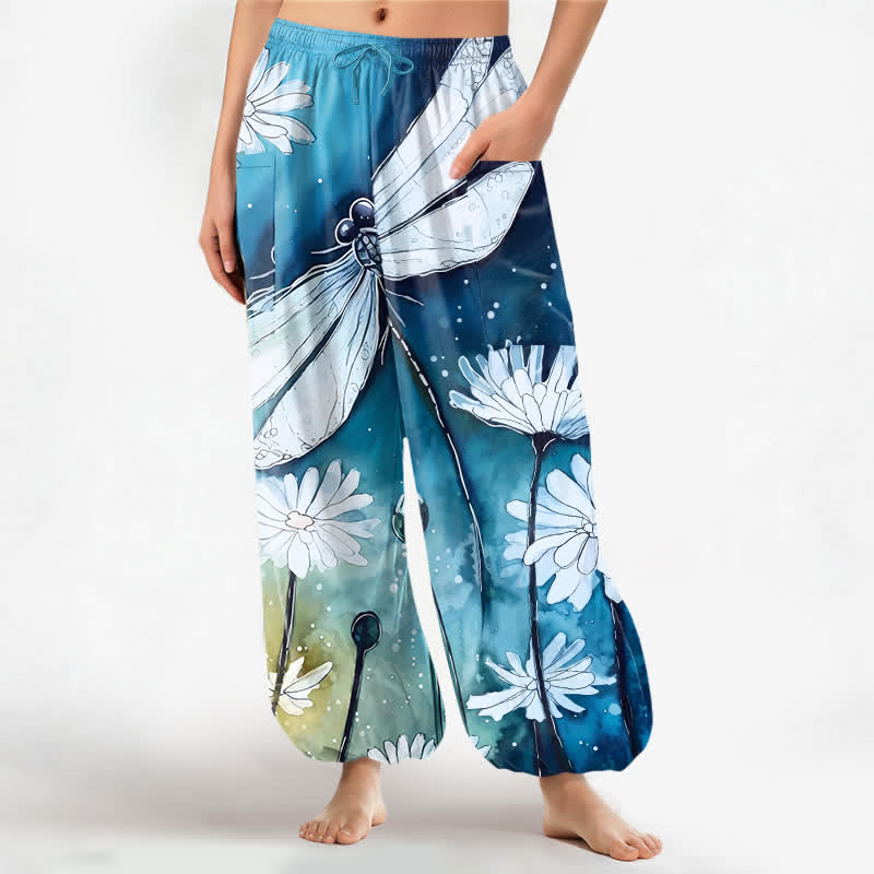 Buddha Stones Cotton Watercolor Dragonfly Daisy Pattern Women's Elastic Waist Harem Pants With Side Pockets - DeepSkyBlue - US16，UK/AU20，EU48 (3XL) - image 0