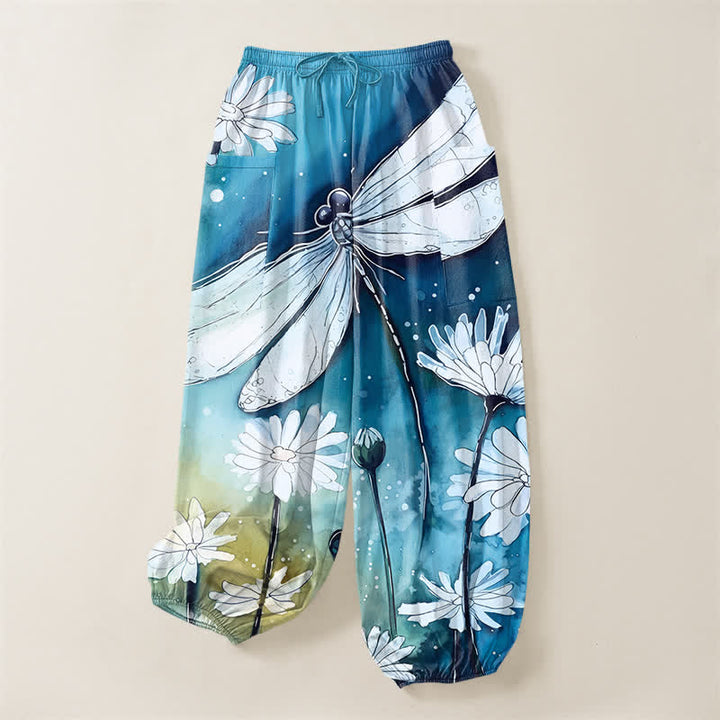 Buddha Stones Cotton Watercolor Dragonfly Daisy Pattern Women's Elastic Waist Harem Pants With Side Pockets - image 4