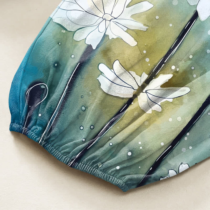 Buddha Stones Cotton Watercolor Dragonfly Daisy Pattern Women's Elastic Waist Harem Pants With Side Pockets - image 6