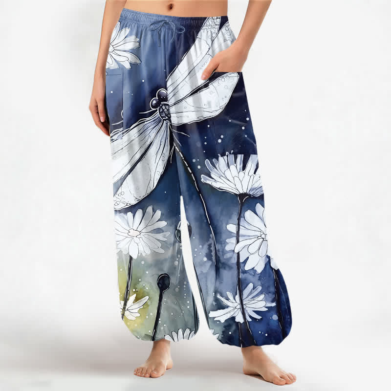 Buddha Stones Cotton Watercolor Dragonfly Daisy Pattern Women's Elastic Waist Harem Pants With Side Pockets - Navy - US16，UK/AU20，EU48 (3XL) - image 10