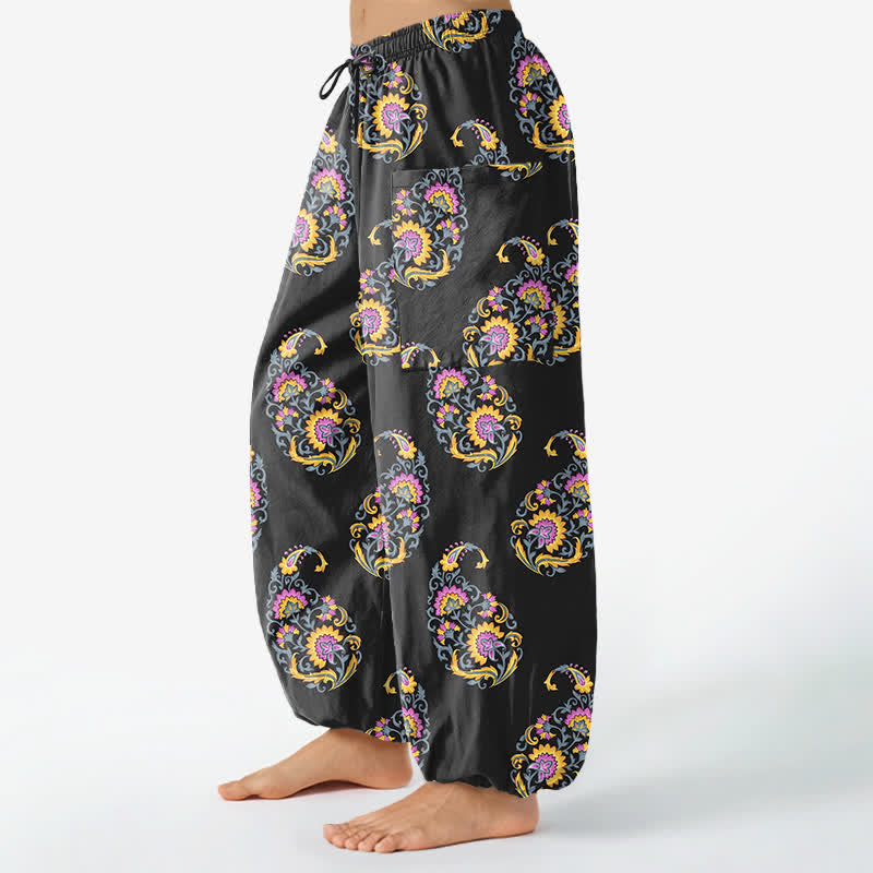 Buddha Stones Cotton Bohemian Persian Paisley Pattern Women's Elastic Waist Harem Pants With Side Pockets - image 1