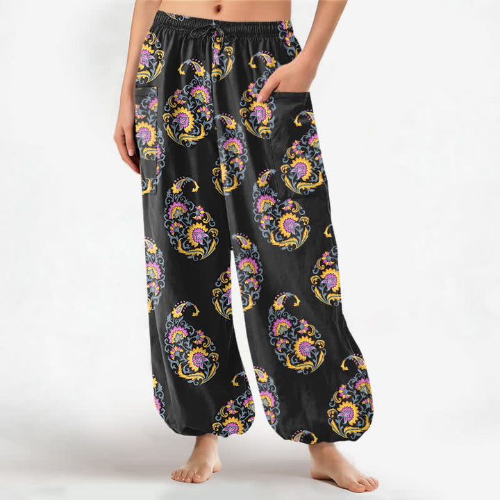 Buddha Stones Cotton Bohemian Persian Paisley Pattern Women's Elastic Waist Harem Pants With Side Pockets - Black - US16，UK/AU20，EU48 (3XL) - image 0