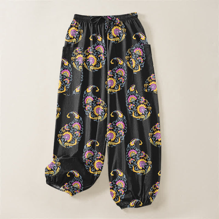 Buddha Stones Cotton Bohemian Persian Paisley Pattern Women's Elastic Waist Harem Pants With Side Pockets - image 3
