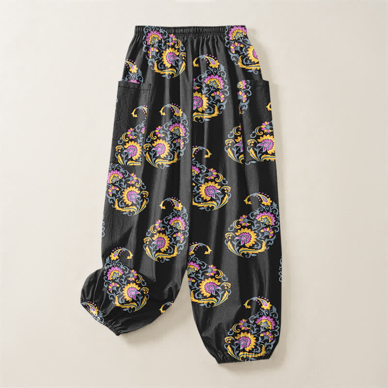 Buddha Stones Cotton Bohemian Persian Paisley Pattern Women's Elastic Waist Harem Pants With Side Pockets - image 4