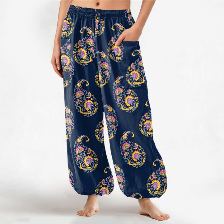 Buddha Stones Cotton Bohemian Persian Paisley Pattern Women's Elastic Waist Harem Pants With Side Pockets - Navy - US16，UK/AU20，EU48 (3XL) - image 7