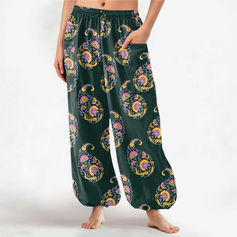 Buddha Stones Cotton Bohemian Persian Paisley Pattern Women's Elastic Waist Harem Pants With Side Pockets - DarkGreen - US16，UK/AU20，EU48 (3XL) - image 10