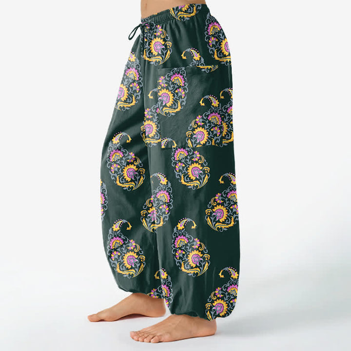Buddha Stones Cotton Bohemian Persian Paisley Pattern Women's Elastic Waist Harem Pants With Side Pockets - image 11