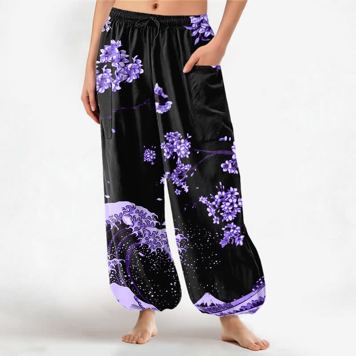 Buddha Stones Cotton Ukiyo-e Bloom Wave Pattern Women's Elastic Waist Harem Pants With Side Pockets - DarkViolet - US16，UK/AU20，EU48 (3XL) - image 0
