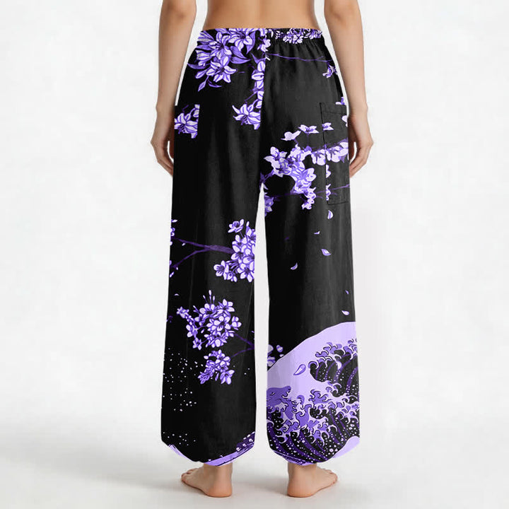 Buddha Stones Cotton Ukiyo-e Bloom Wave Pattern Women's Elastic Waist Harem Pants With Side Pockets - image 2