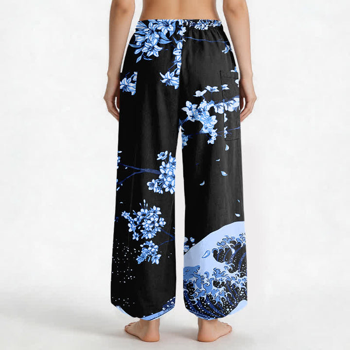 Buddha Stones Cotton Ukiyo-e Bloom Wave Pattern Women's Elastic Waist Harem Pants With Side Pockets - image 9