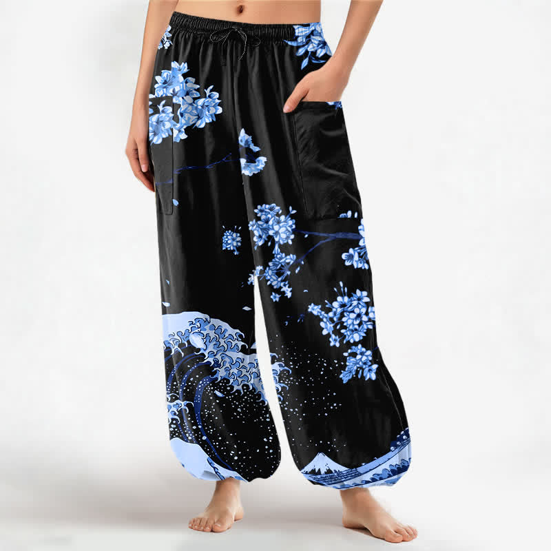 Buddha Stones Cotton Ukiyo-e Bloom Wave Pattern Women's Elastic Waist Harem Pants With Side Pockets - LightSkyBlue - US16，UK/AU20，EU48 (3XL) - image 7