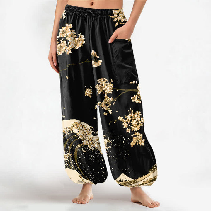 Buddha Stones Cotton Ukiyo-e Bloom Wave Pattern Women's Elastic Waist Harem Pants With Side Pockets - Khaki - US16，UK/AU20，EU48 (3XL) - image 10