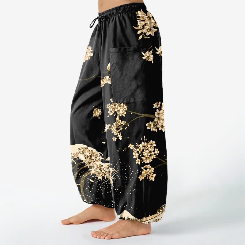 Buddha Stones Cotton Ukiyo-e Bloom Wave Pattern Women's Elastic Waist Harem Pants With Side Pockets - image 11